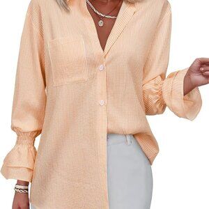 Women's Striped Button Down Shirt Smocked Cuffed Boyfriend Blouse Ruffle Sleeve